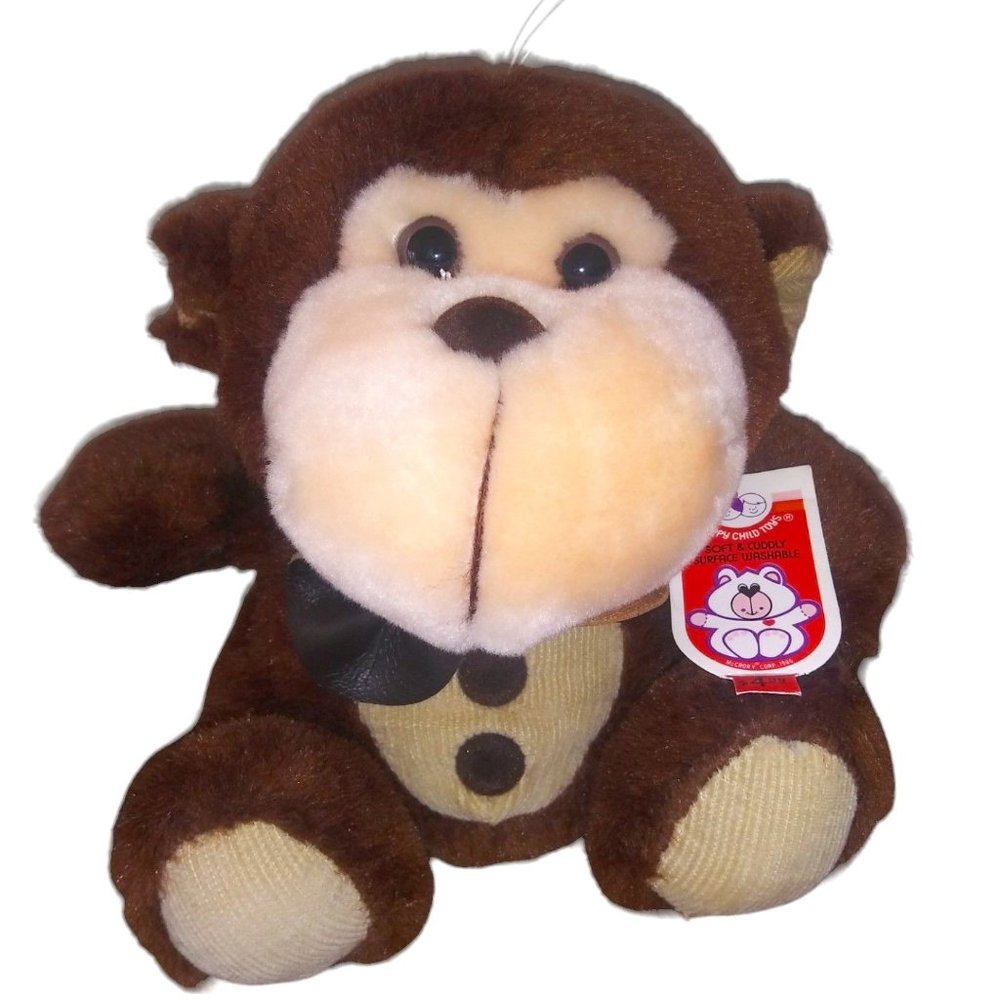VTG Commonwealth Monkey Stuffed Corduroy Bow Tie Button Plush Happy Kids Toy